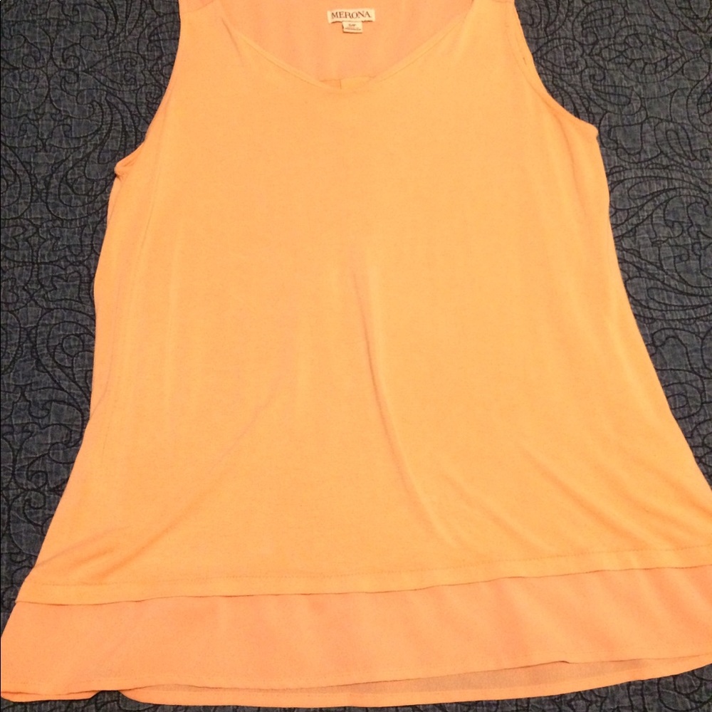 Vneck tank with chiffon trim on straps and hem.
